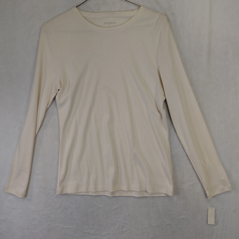 Talbots Long Sleeve Crewneck T-Shirt Ivory Cream 100% Cotton Women Large NWT